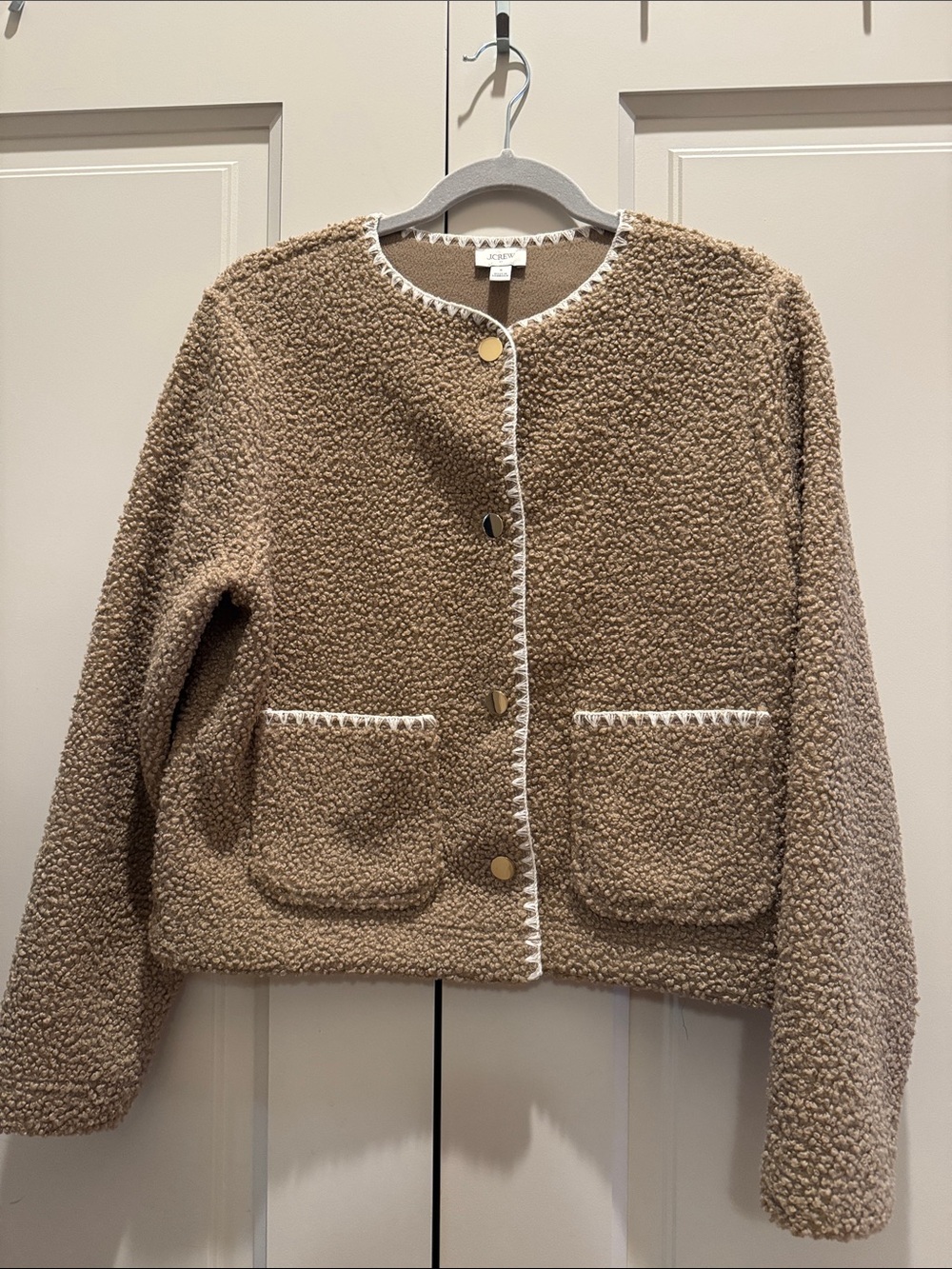 Beige/Tan Boucle-Style Fleece Button-Front Jacket with Trim